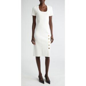 NEW St. John Collection Rib Short Sleeve WHITE Sweater Dress SIZE L